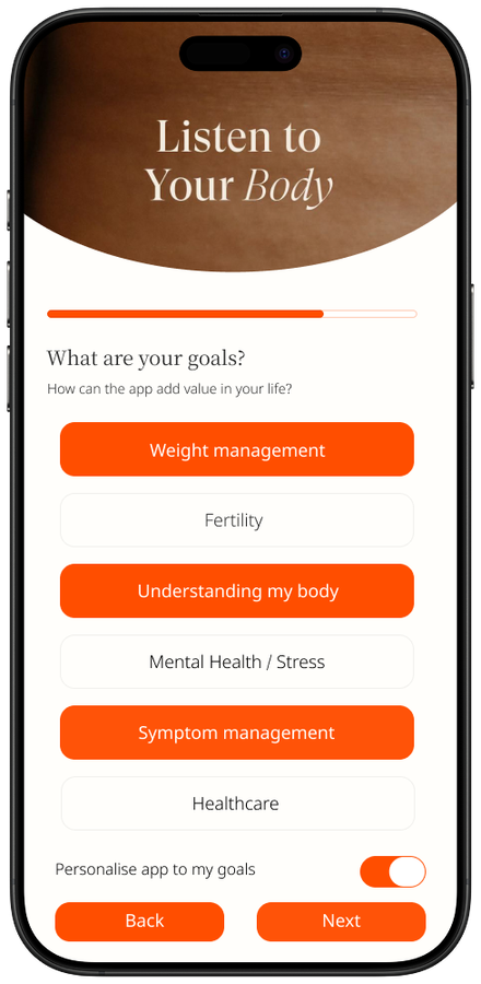 Alaia PCOS symptom tracking app main interface